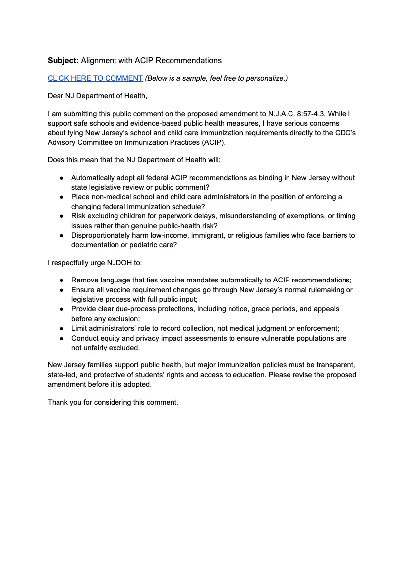 Alignment with ACIP Recommendations - Sample Comment