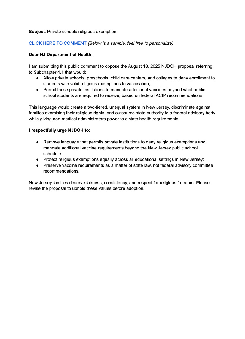 Private schools religious exemption - Sample Comment