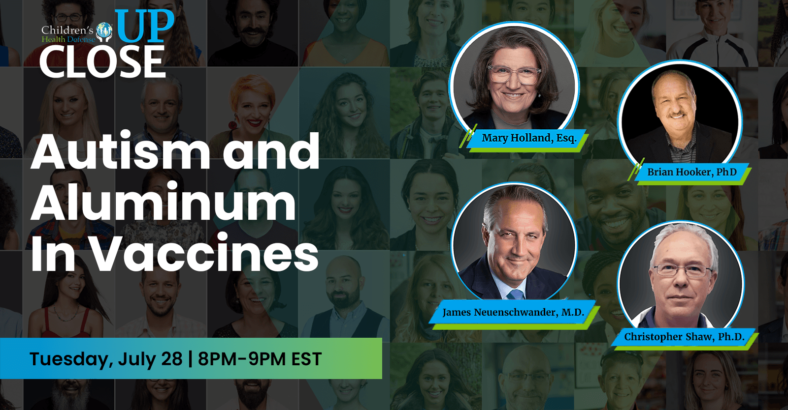 profile pictures of Mary Holland, Brian Hooker, Christopher Shaw, and James Neuenschwander / CHD UpClose - Autism and Aluminum in Vaccines
