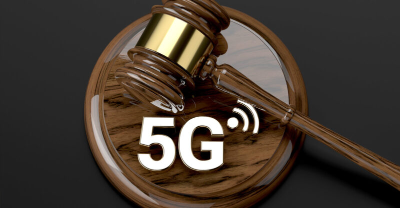 Graphic of a Judge's Gavel with "5G" and a cell signal icon.