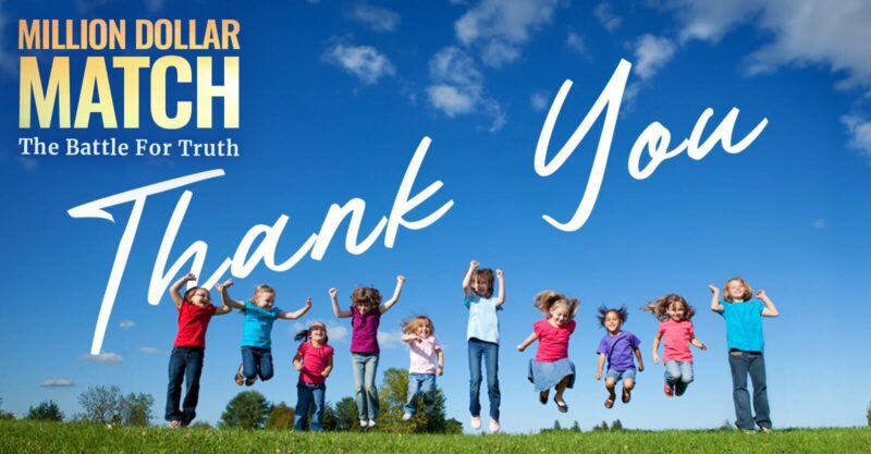 happy, jumping children against a blue sky with the words Thank You