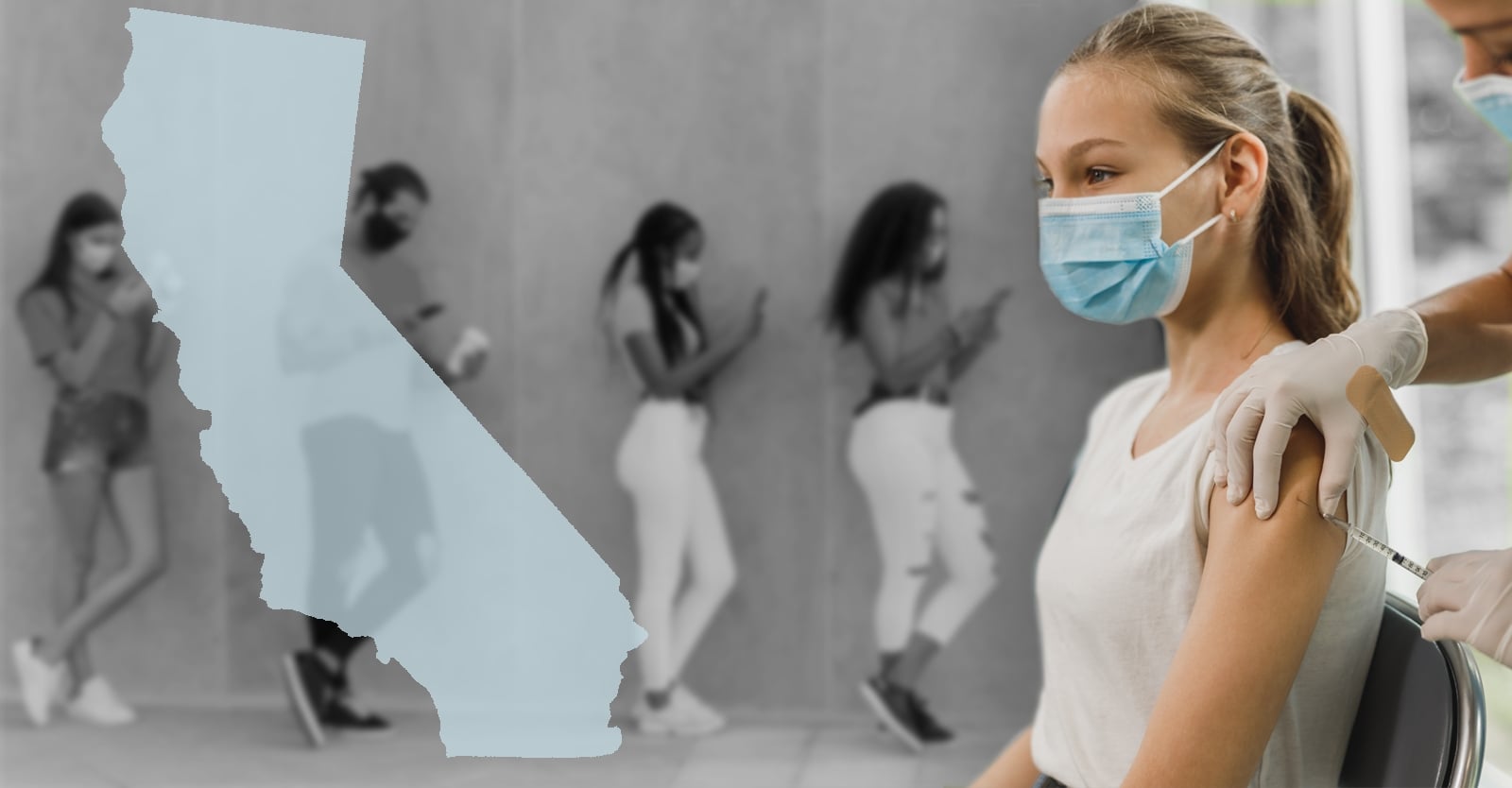 state of California image overlaid on image of youth on cell phones with one in foreground receiving an injection