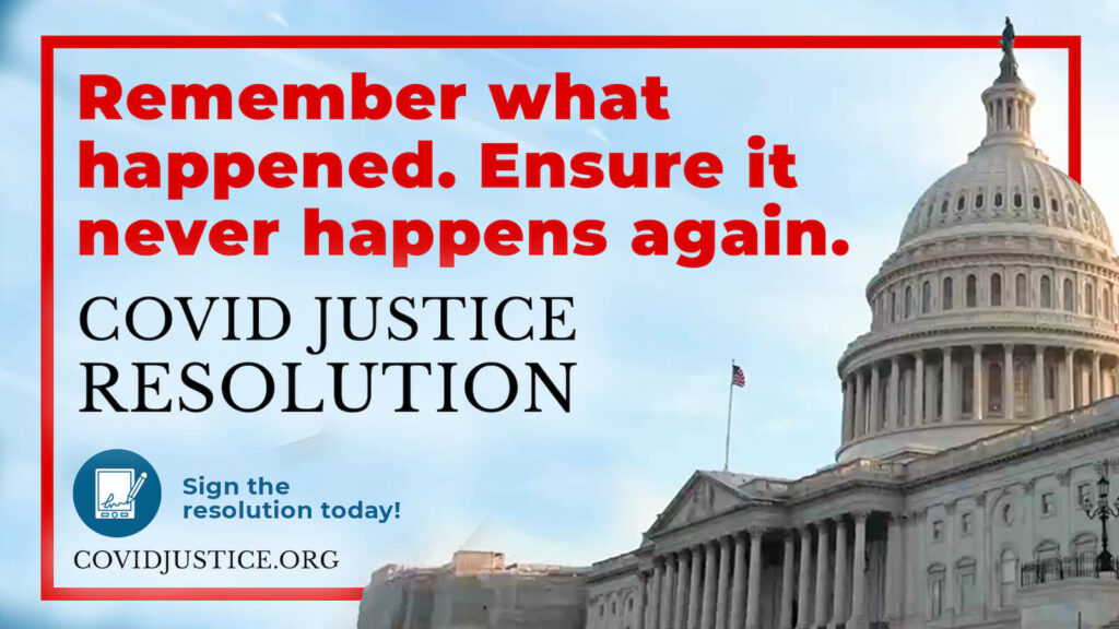 photo of the U.S. Capitol building with words about the COVID Justice Resolution