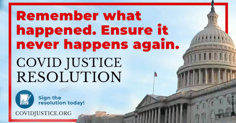 photo of the U.S. Capitol building with words about the COVID Justice Resolution
