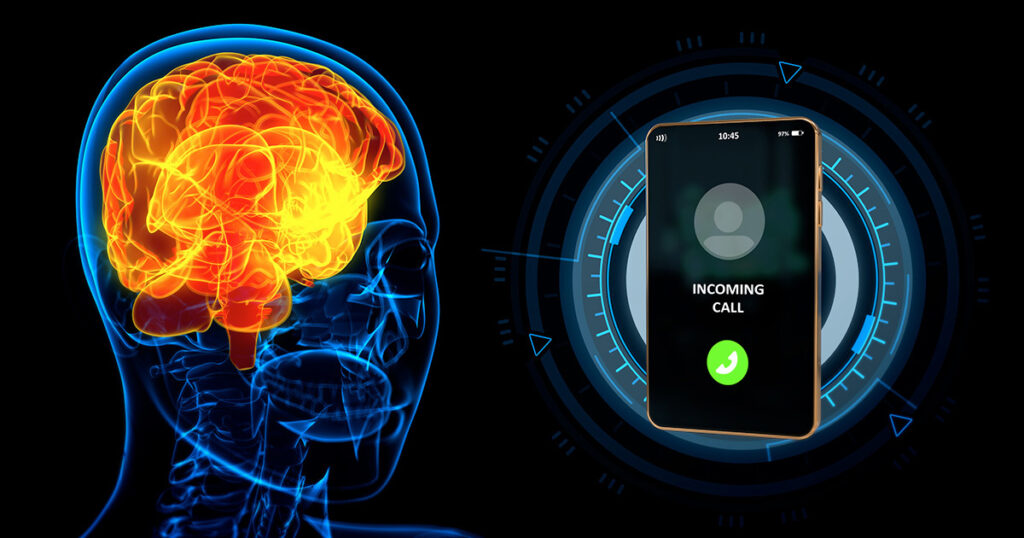 graphic of human head with brain in orange next to a cell phone receiving a call