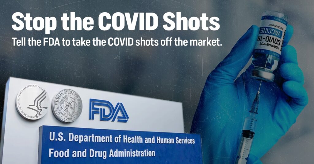 FDA logo in background with "Stop the COVID Shots"