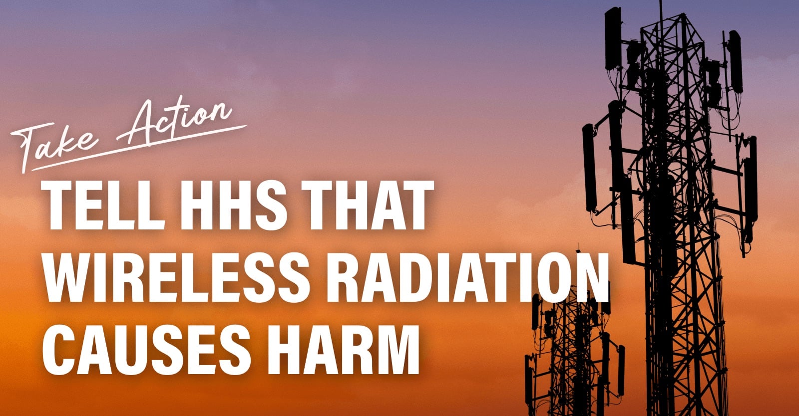 Image of cell towers with the words "Tell HHS that wireless radiation causes harm"