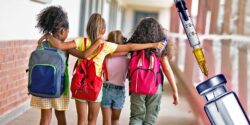 kids with backpacks arms around each other and vaccine on right