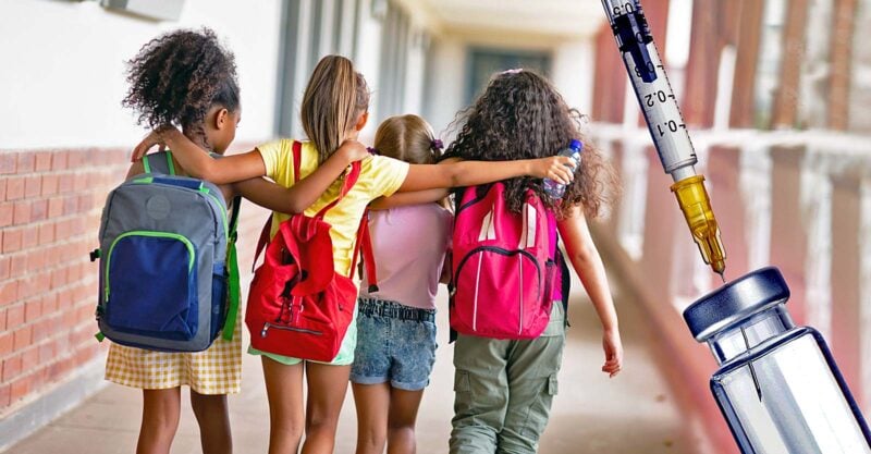 kids with backpacks arms around each other and vaccine on right