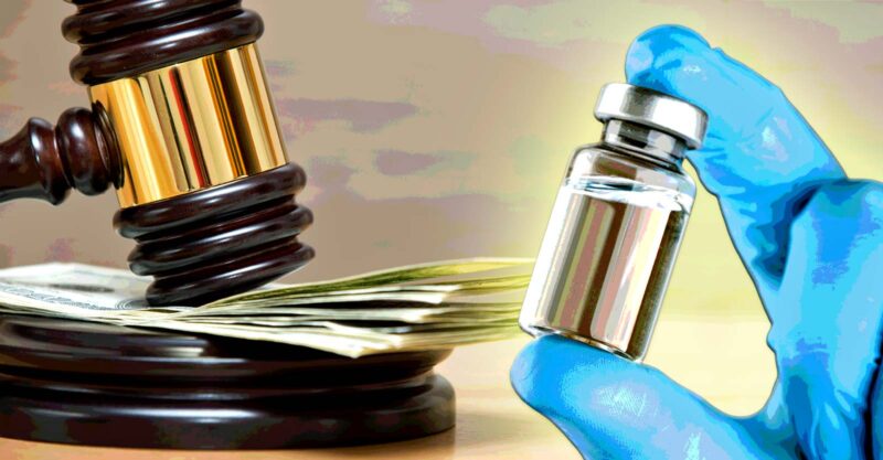 gavel, money and vaccine bottle
