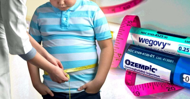 wegovy and ozempic and doctor measuring child's waist
