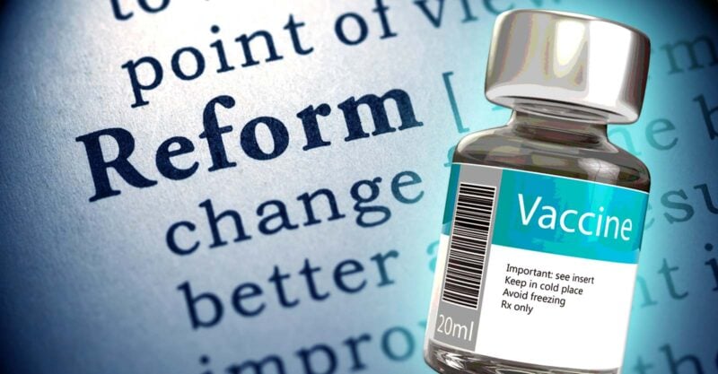 vaccine bottle and word "reform"