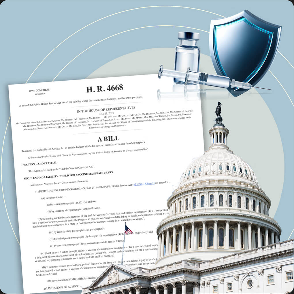 A legislative bill, vaccine with shield and the capitol