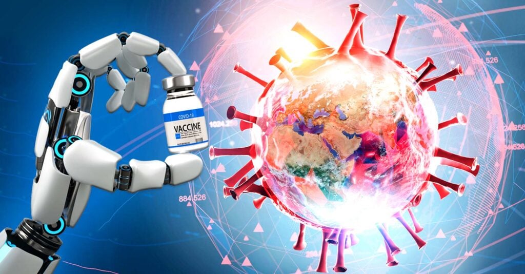 covid vaccine, robot hand and covid spike protein