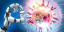 covid vaccine, robot hand and covid spike protein