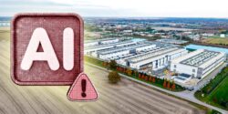 data center and warning symbol with letters "AI" on it