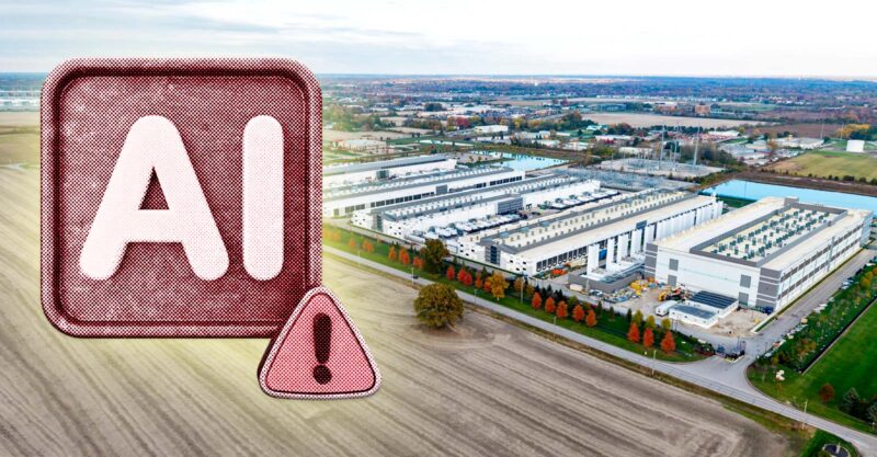 data center and warning symbol with letters "AI" on it