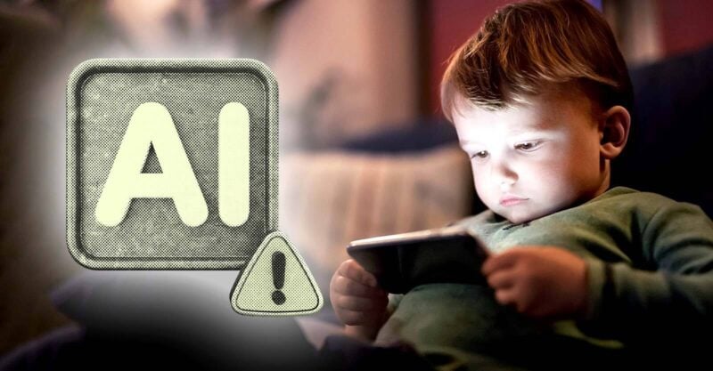 boy on tablet and AI caution sign