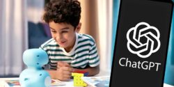 boy playing with ai robot and chatgpt logo