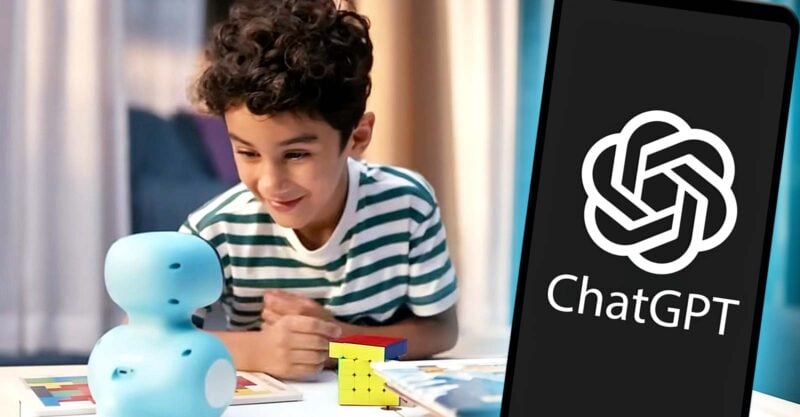 boy playing with ai robot and chatgpt logo