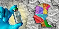 vaccine bottle and person with colorful paper design