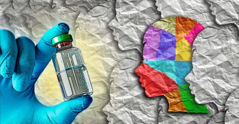 vaccine bottle and person with colorful paper design