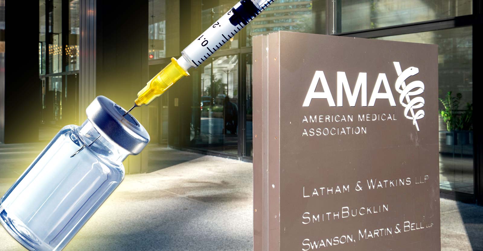 AMA building and vaccine bottle