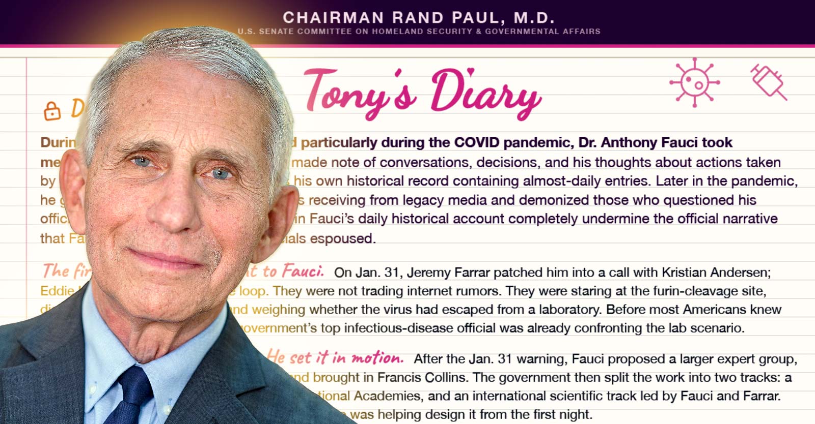 anthony fauci and screenshot of Paul's "Tony's Diary" document