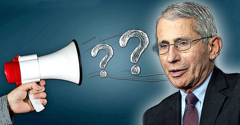 Anthony Fauci with megaphone and question marks