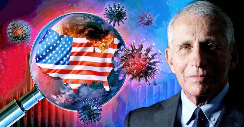 united states map and covid spike proteins, anthony fauci image