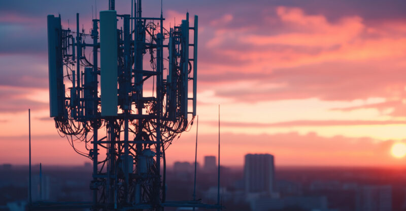 Photo of cell tower at sunset with city buildings in background.