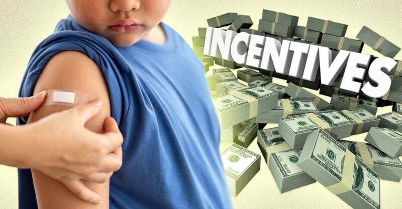 child getting vaccine and money and word "incentives"