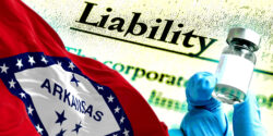 arkansas flag, vaccine bottle and word "liability"