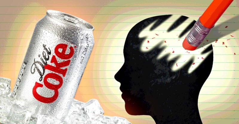 can of diet coke and brain being erased by pencil eraser