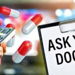 tv remote, pills and clipboard with words "ask your doctor"