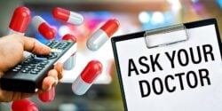 tv remote, pills and clipboard with words "ask your doctor"