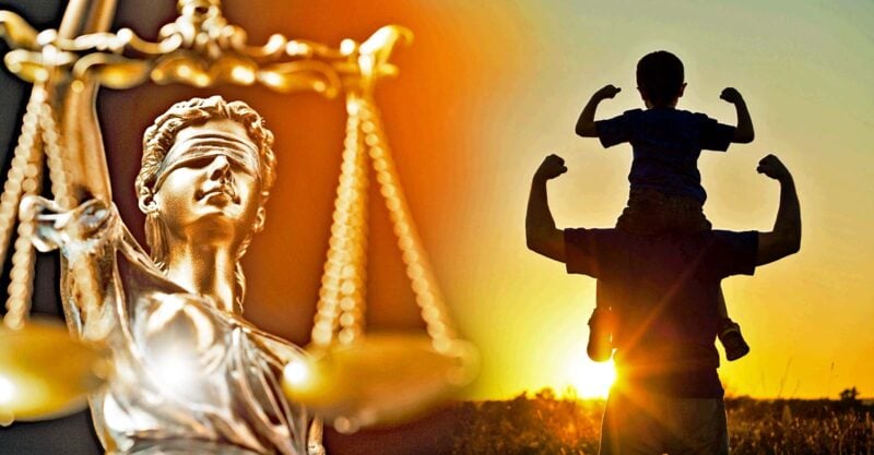 Child on dad's shoulders and lady justice on right