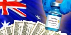 australia flag, money and astrazeneca covid vaccine bottle