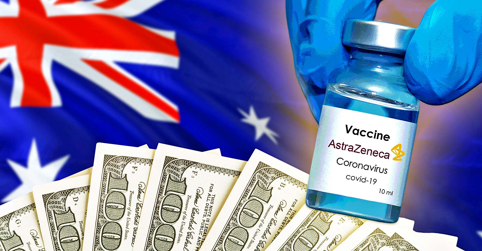 australia flag, money and astrazeneca covid vaccine bottle