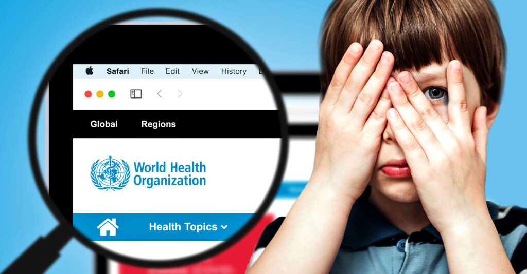 who website inside magnifying glass with boy covering one of his eyes