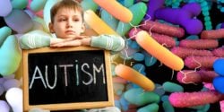 gut microbes and boy holding sign that reads "autism"