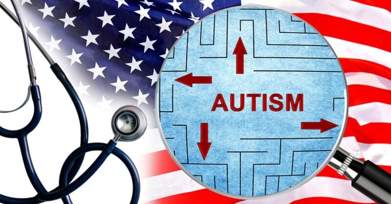 word "autism" in a maze and u.s. flag