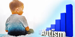 Little boy, back facing sitting next to a graph with Autism rise