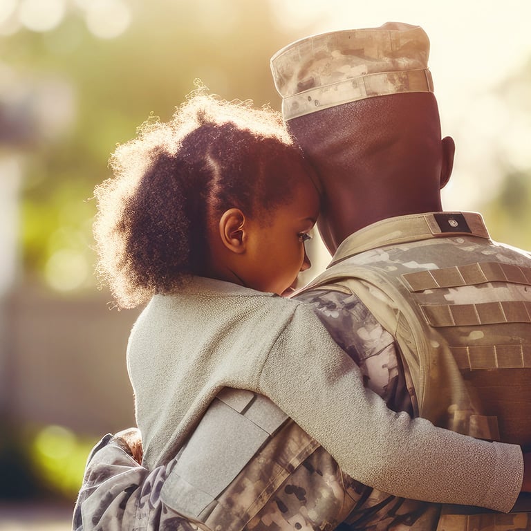 Image of father in military uniform holding daughter.
