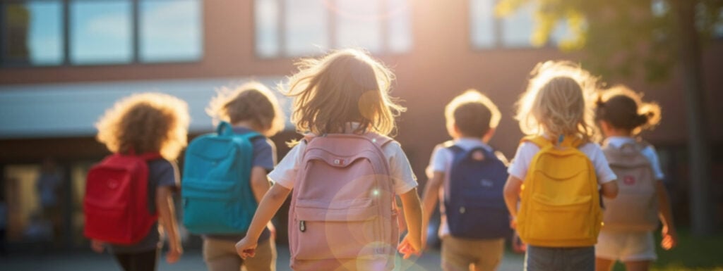 Children wearing backpacks walking towards a school