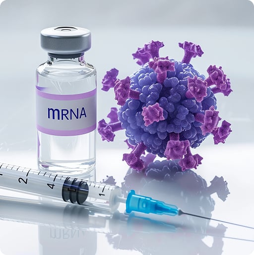 Vaccine vial, needle and a 3D representation if the Covid-19 spike protein.