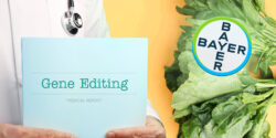 Doctor with clipboard "Gene Editing" and mustard greens on right with a bayer stamp