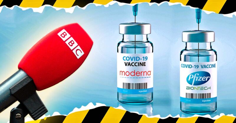 pfizer and moderna covid vaccine and bbc logo on microphone