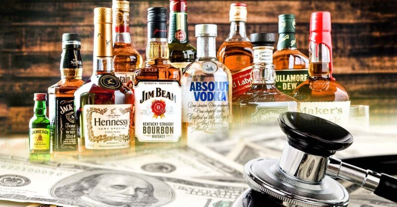 alcohol bottles and money