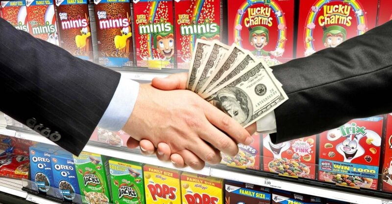 cereal and hands shaking money